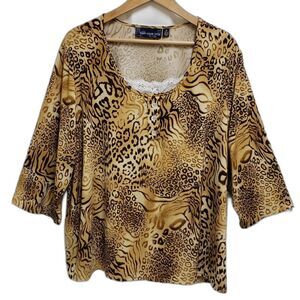 Susan Graver Top Women Sz 3X Brown Animal Print 3/4 Sleeve Casual Travel Comfort